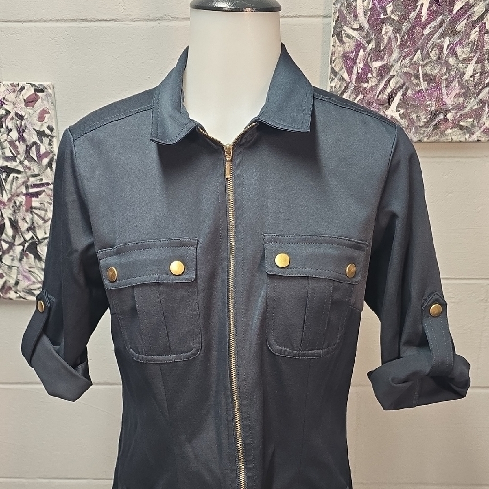 Sharagano Dark Blue Utility Dress with Gold Accents - Picture 2 of 9